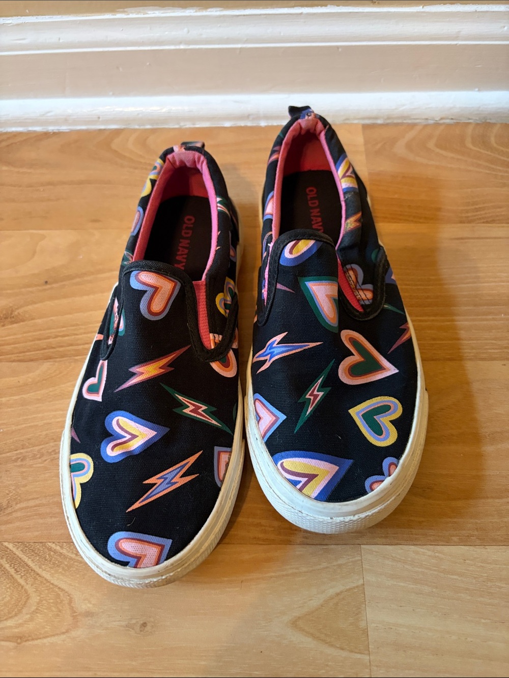 Old Navy Black Slip-On Sneakers with Hearts and Lightning Bolts